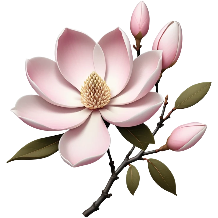 Japanese style Magnolia kobus (kobushi) flower in ukiyo-e inspired design, elegant white petals with subtle pink tinge, bare branches, traditional composition like Japanese woodblock prints emoji