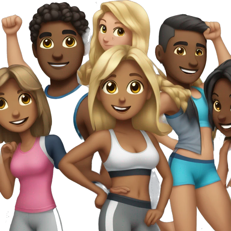 Guys and girls in gym clothes partying together  emoji