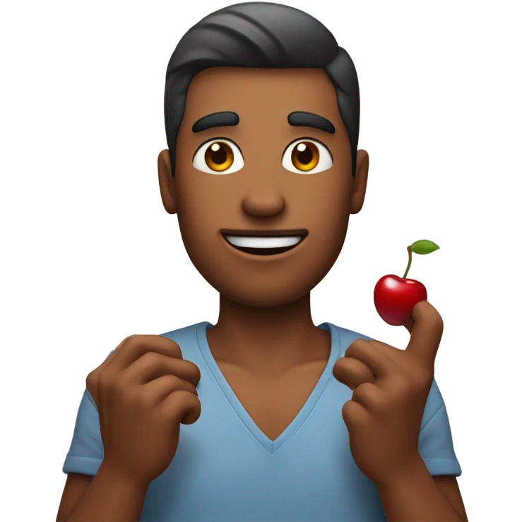 A guy eating two cherries that look like skin emoji