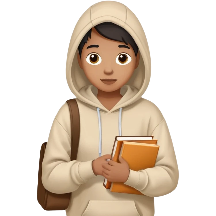 A flat-style illustration of a college student with a tote bag over the shoulder and a book in one hand and coffee. The student wears a hoodie. Clean cartoon style, white background, iOS emoji aesthetic. emoji