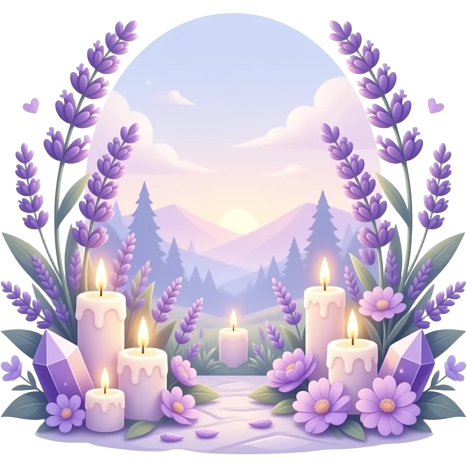 Aesthetic scenic romantic lavender lilac pastels beautiful gorgeous holy divine spiritual pretty elegant sparkly shiny scene of Candles, flowers, plants leaves, amethyst crystals, scenic aesthetic scenery Transparent background emoji
