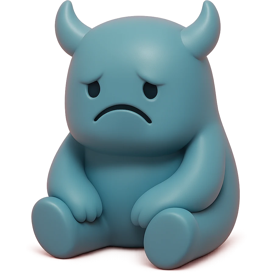 lonely monster, sitting alone with a sad expression, muted blue and grey colors, toy-like vinyl figure style emoji
