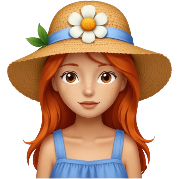 girl, freckles, wearing_summer_hat, white flower on hat, red orrange long hair, blue dress emoji