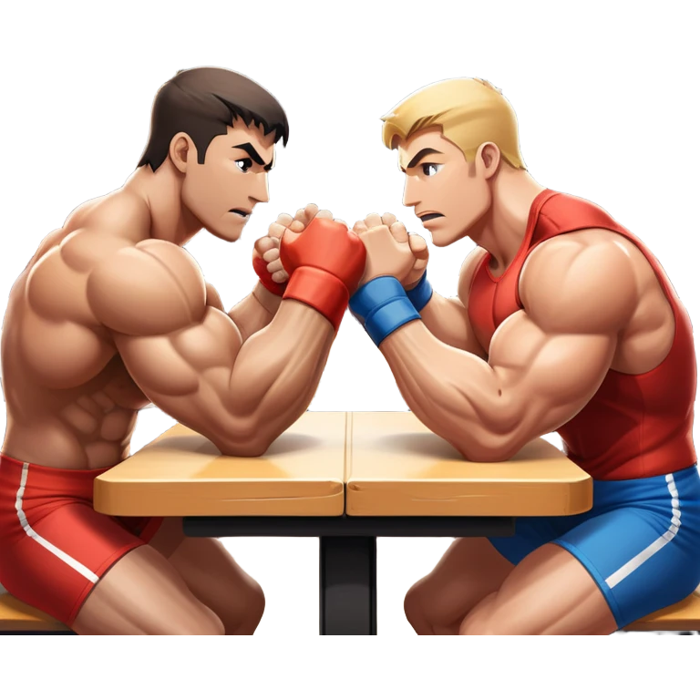 Two strong competitors locked in an intense arm wrestling match, muscles tensed as they battle for victory. The table is well-lit, showcasing their focused expressions and powerful arm grips. The background features a competitive arena with a cheering crowd. Transparent background. emoji