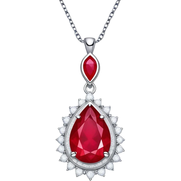 teardrop ruby pendant on silver chain, surrounded by white stones and radiant aura emoji