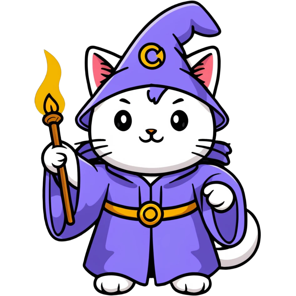 A cat wizard casting a spell with magical staff and flowing robes emoji