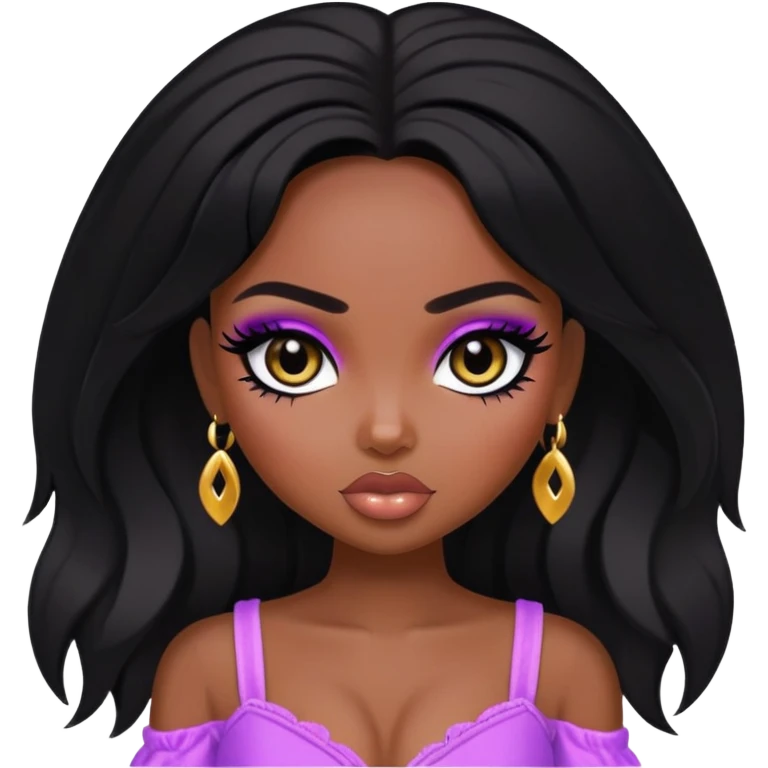 pretty bratz baddie, black eyeliner, dark skin, black hair, black  eyes emoji