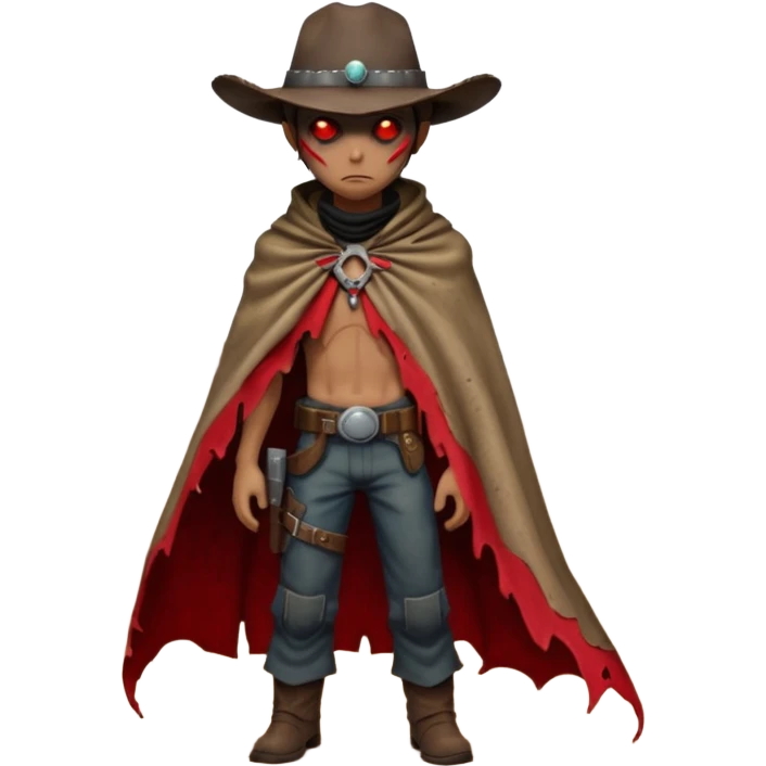 A rugged alien outlaw cowboy with scars and glowing red eyes, torn futuristic poncho, standing in a deserted alien town, dust blowing through empty streets, moody shadows, gritty sci-fi western realism
 emoji