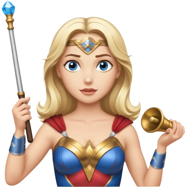 Blonde blue eyed Wonder Woman holding white orchestra conductor’s baton and bell emoji