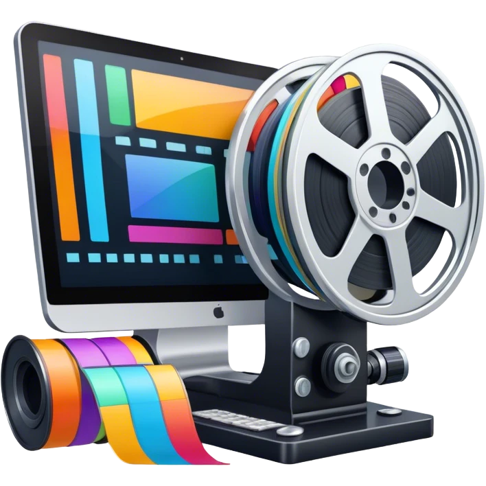 a vibrant and modern icon representing Animation and Motion Design, featuring elements like a film reel, a computer screen displaying animation, dynamic motion lines, and a cinematographic film strip on an editing table. colorful, and dynamic, without any emojis. The background  transparent. emoji