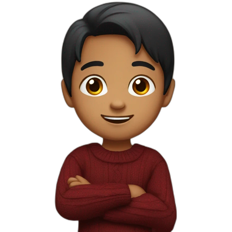 smiling and pointing north 3 years old indian with black hair wearing a dark red sweater emoji