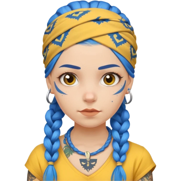 blue braided hair with yellow head bandana and lots of face tattoo girl emoji