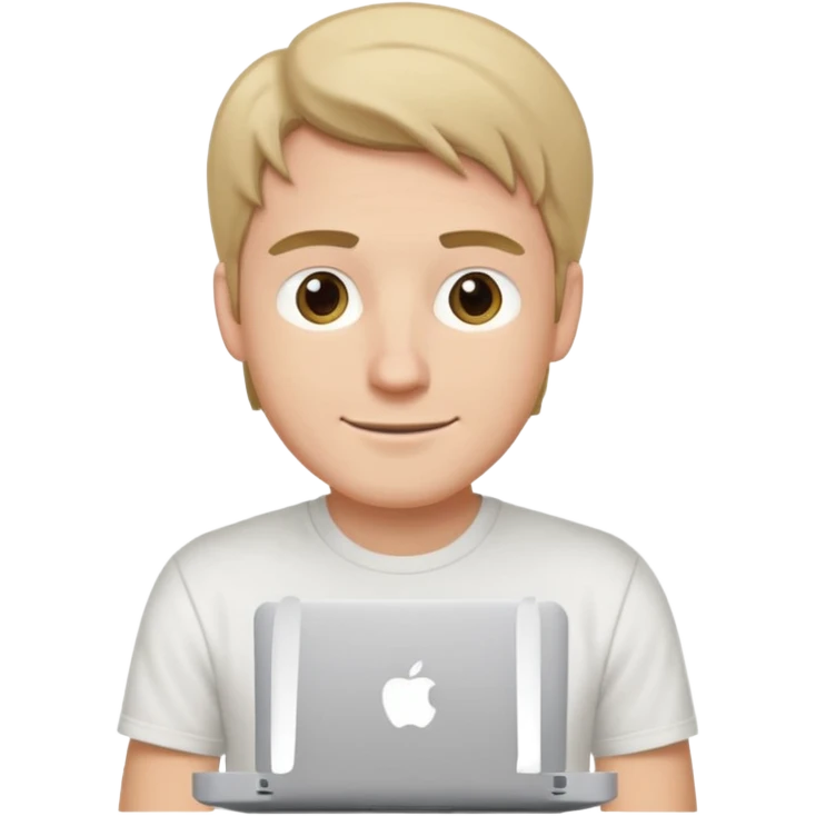 A white man in his mid 20s, middle part average dude with slightly droopy eyes, happy, using a MacBook (no logo), hero for an iOS developers website emoji