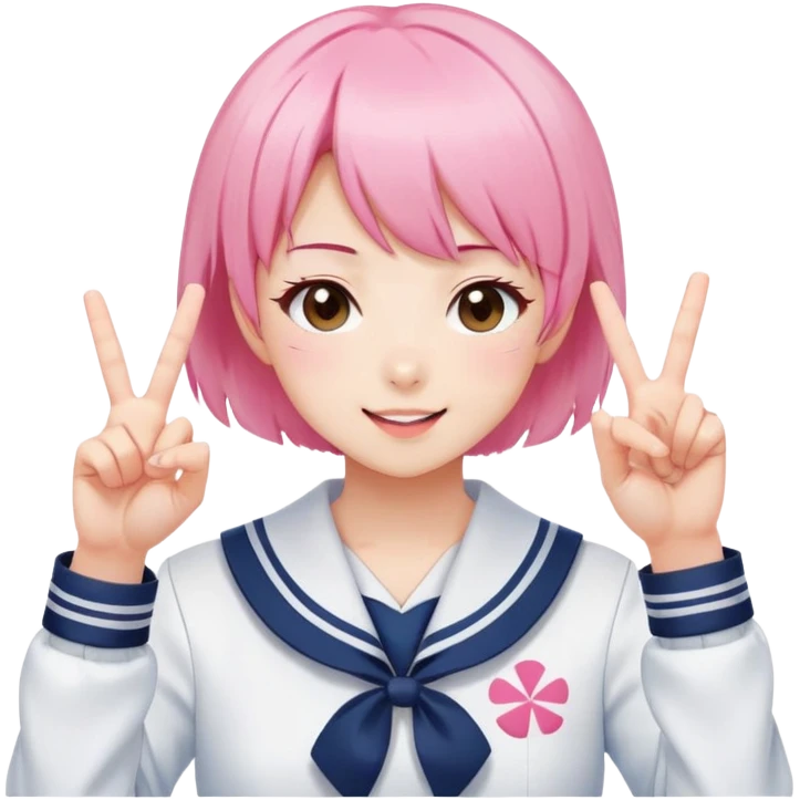 Energetic anime girl with short pink hair wearing Japanese sailor style school uniform, winking and making double peace signs, very cheerful and bubbly, kawaii style emoji