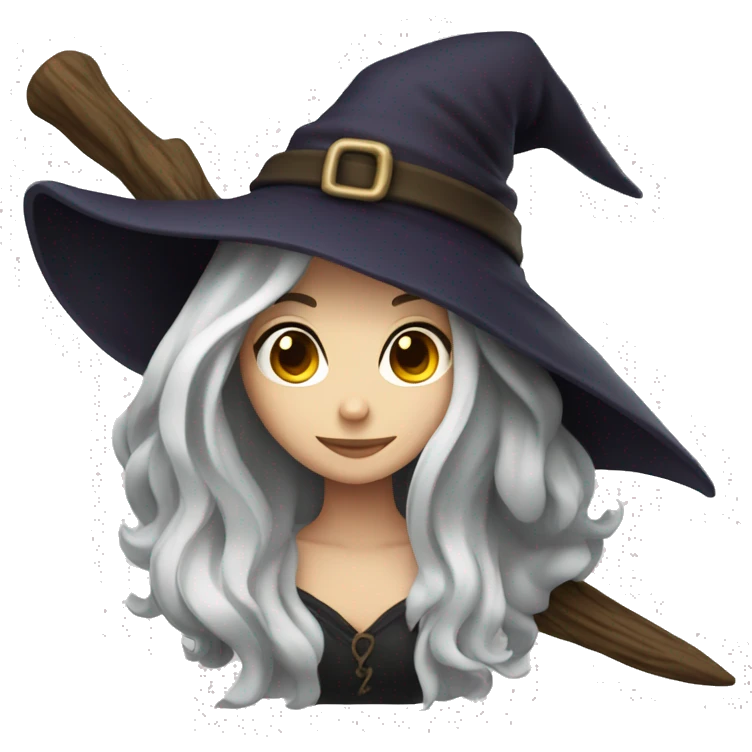 witch on a broom dark long hair white skin emoji