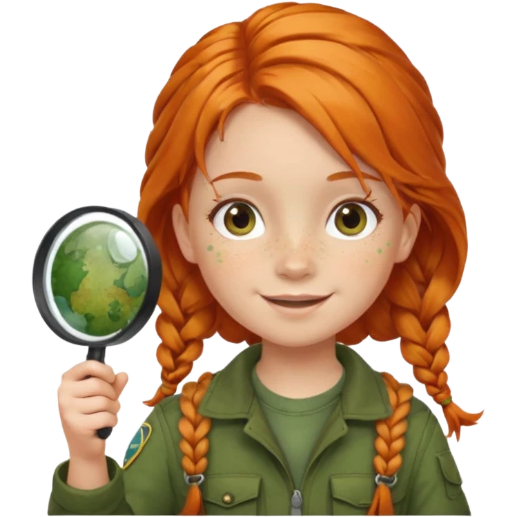 braid orange haired girl kid in moss green explorer outfit, holding magnifying glass, smile emoji