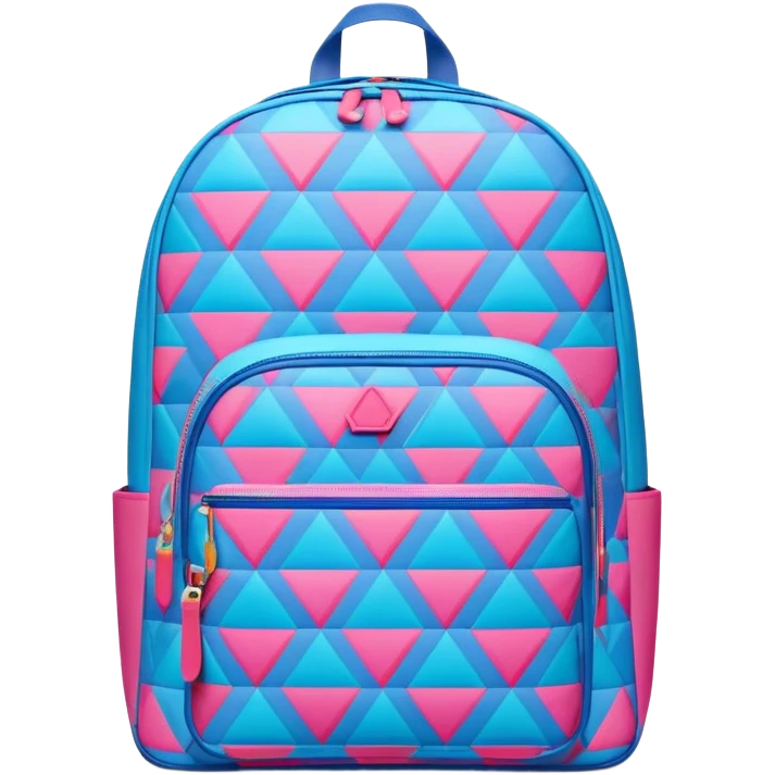 A stylish cute school backpack, medium-sized, with a modern design in bright blue and pink. It features a geometric pattern of subtle triangles across the front pocket, giving it a sleek yet dynamic look, front view emoji