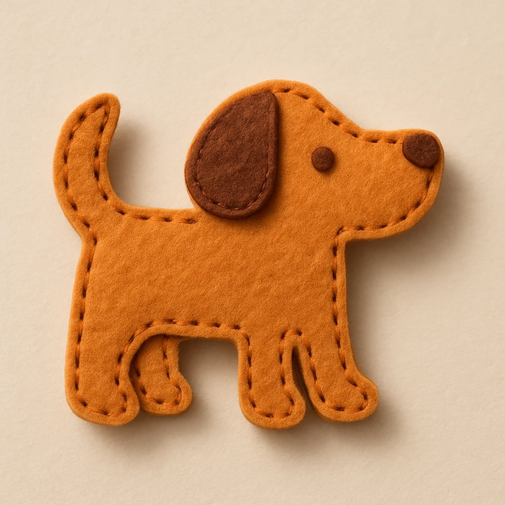 Handcrafted felt dog icon with simple shapes, clean curves, medium visible brown running stitch around edges, slightly raised look, warm orange and brown felt, minimal facial features, soft diffused lighting, subtle shadow, neutral background emoji