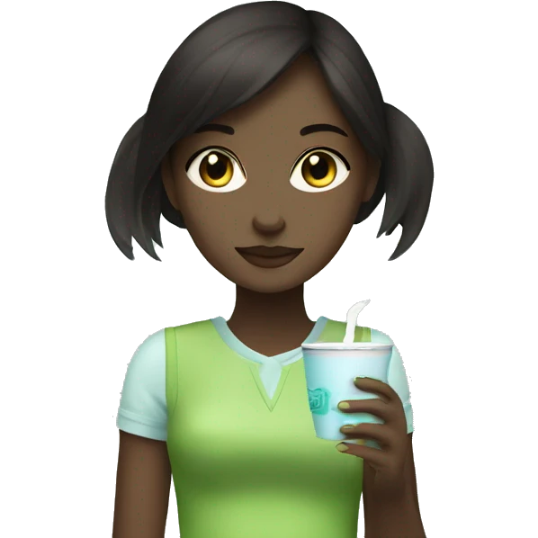 dark brunette girl with bright blue eyes drinking a light green matcha tea emoji