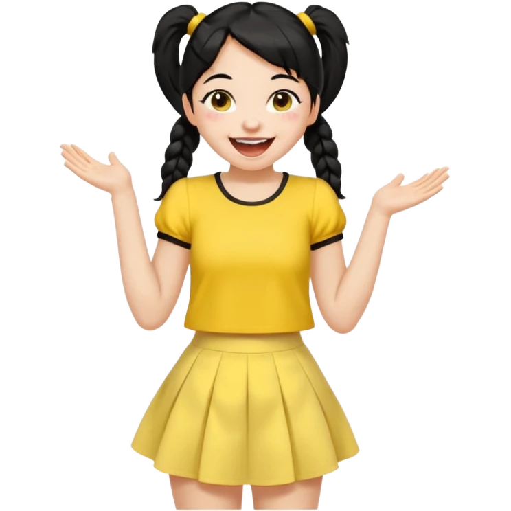 Cewe Ceria Kulit putih cerah, rambut hitam dikuncir dua (pigtail) atau ponytail tinggi. Pakai sabrina kuning terang + rok putih. Lagi ketawa lepas emoji