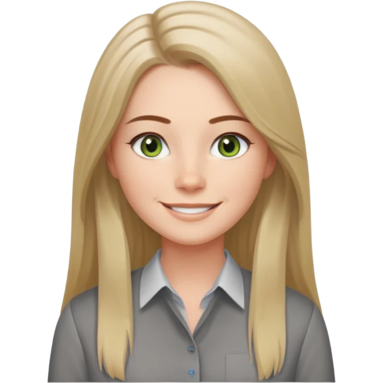 confident CEO named Freya McOmish, smiling, hazel green eyes, straight long hair with a middle part, subtle freckles, modern business style, broad shoulders, wearing a shirt with no collar emoji