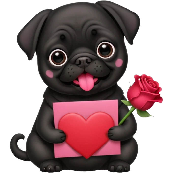 black pug holding valentine’s day card and flowers emoji