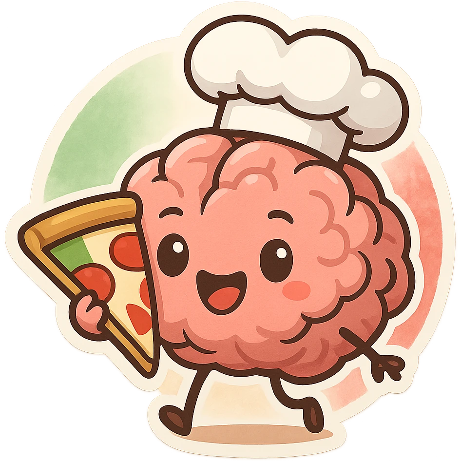 playful cartoon brain wearing a chef's hat holding a slice of pizza with Italian flag colors in the background, fun and whimsical style emoji