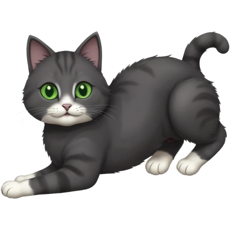 solid dark grey cat with green eyes, white toes/paws playfully rolling upside down emoji