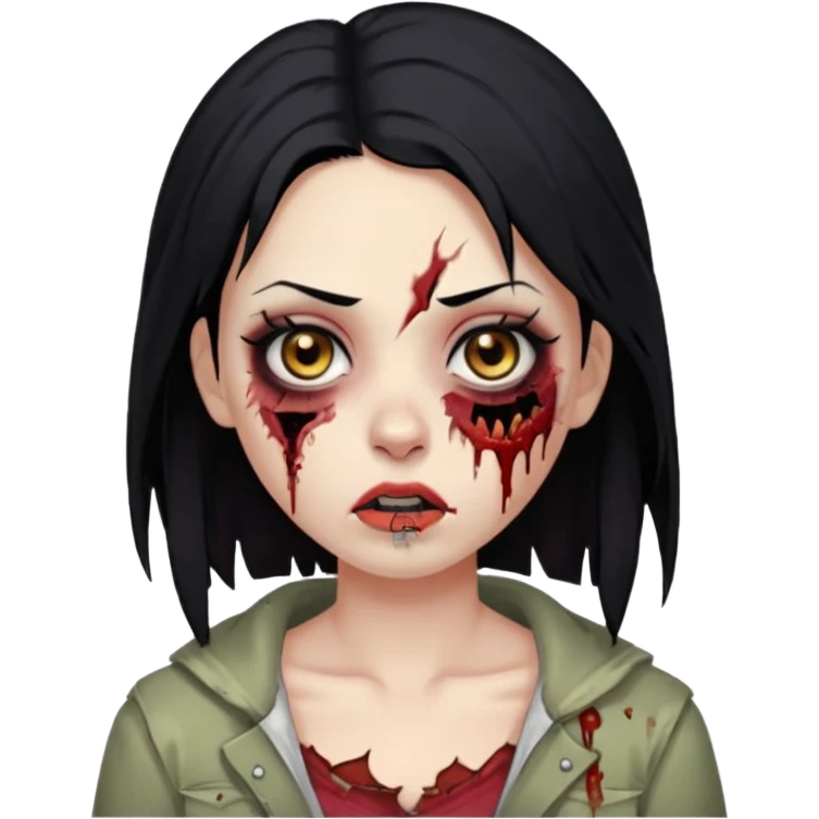 Make an emoji of a zombie woman with black hair, almond-shaped brown eyes and a labret piercing on her left lip. emoji
