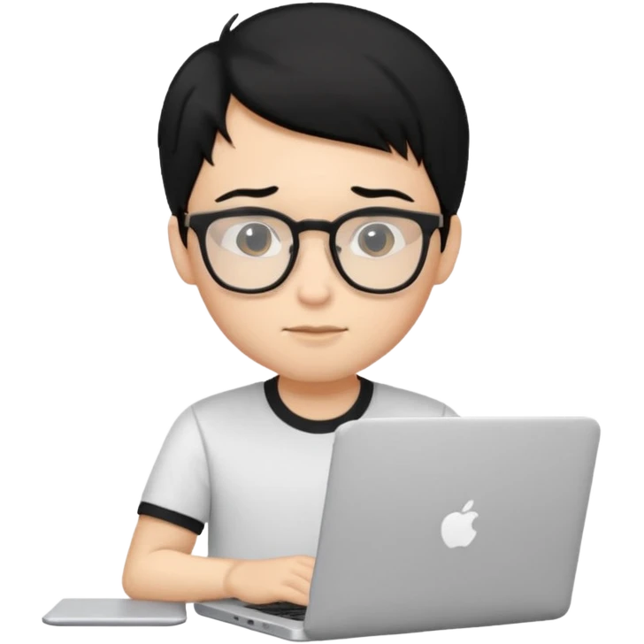 un estudiante con lentes y su laptop CON CAMISA Y CABELLO NEGRO emoji