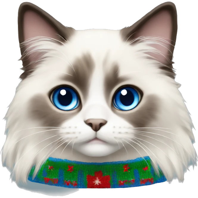 Ragdoll with blue eyes wearing a christmas sweater emoji