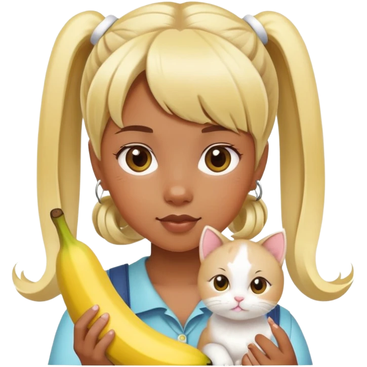 A girl with brownish skin, with blonde two pigtails and banana-styled bangs holding a white kitty emoji