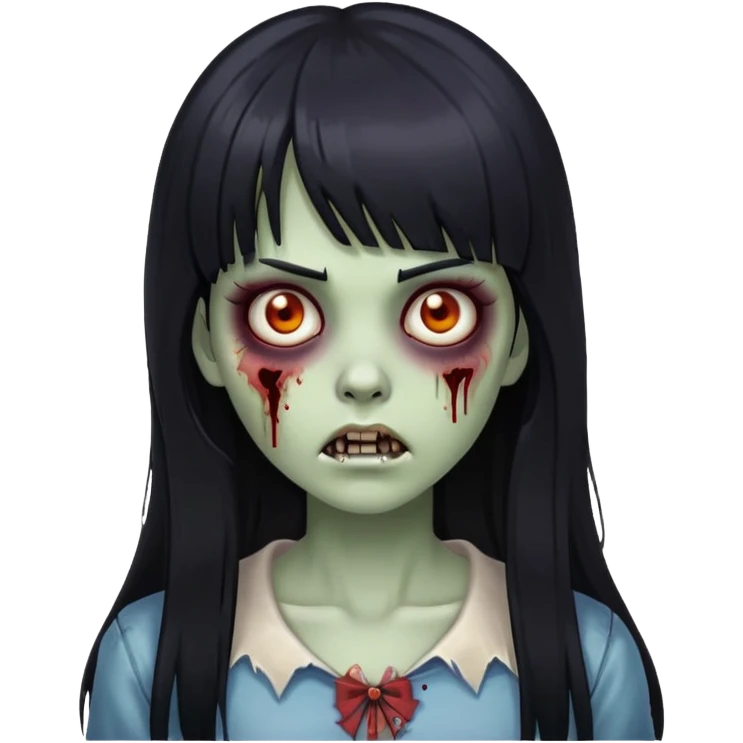 Zombie girl com cabelos pretos longos, uma franja até metade da testa emoji