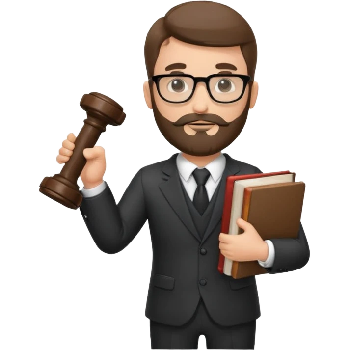 Create a male lawyer. he is wearing a fromal suit jckeret. He is holding a gavel in one hand and a book tucked under his another arm. He has beard and glasses emoji