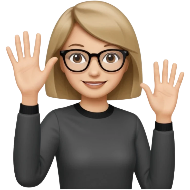 woman dark blonde petite bob haircut wears dark squarish glasses, classic clothes, smiling, waving, a tad older emoji