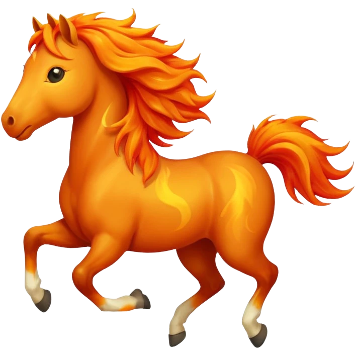 Cute smiley face of a fiery horse with a flowing mane, full-length, galloping emoji