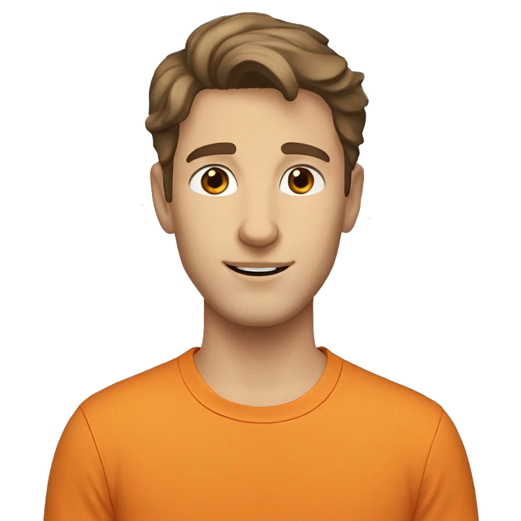 young caucasian man with brown eyes and  brown hair wavy. orange shirt.  emoji