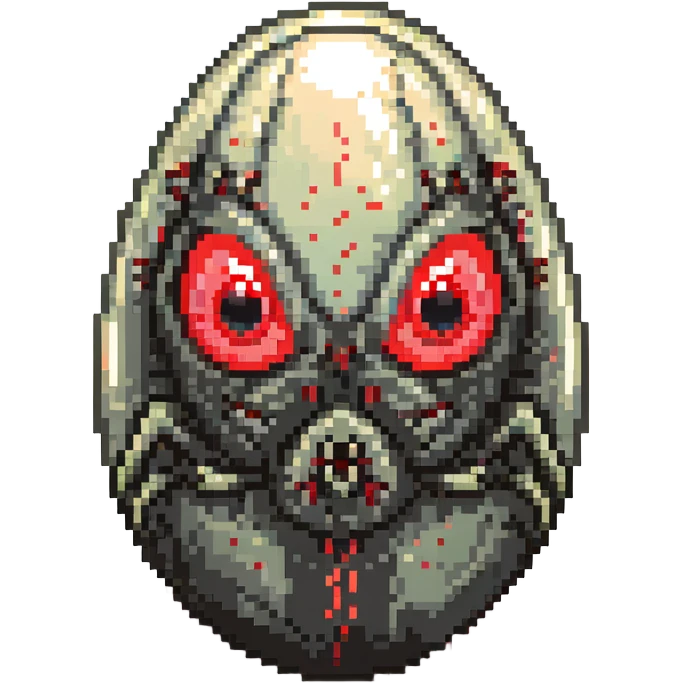 a strange large transparent alien egg, floating inside with a visible creature inside, embryonic, fetal shape creature, 3 glowing red eyes, illuminated from above emoji