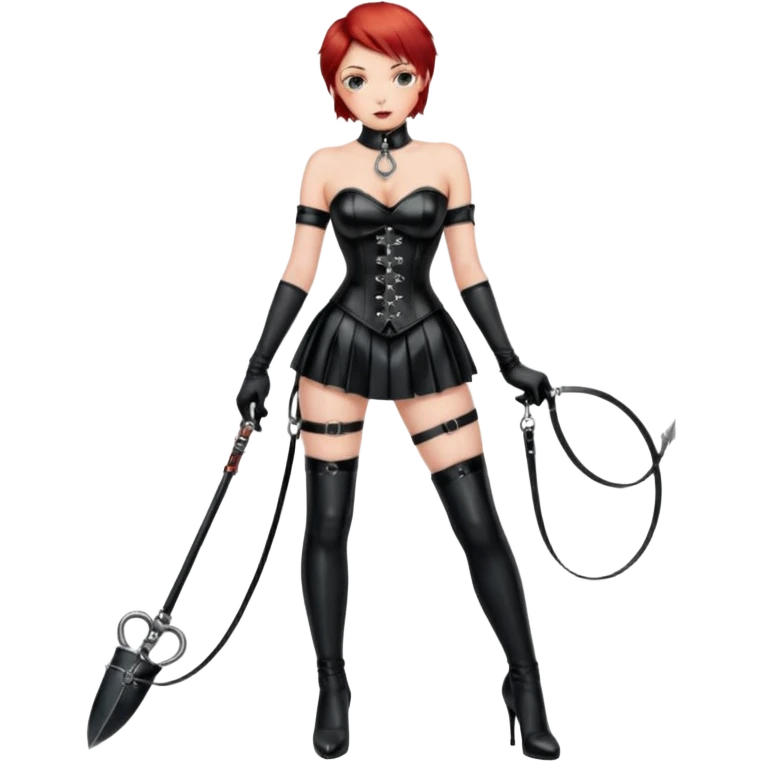 mistress, dominant girl, short red hair, serious look, shiny black leather corset, latex miniskirt, whip in hand, long black gloves, black hold-ups, high heels, slave with collar and leash tied to the girl's hand emoji
