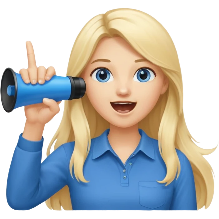  blue eyes blonde girl yelling into megaphone with right hand smiling long hair holding up left first finger emoji