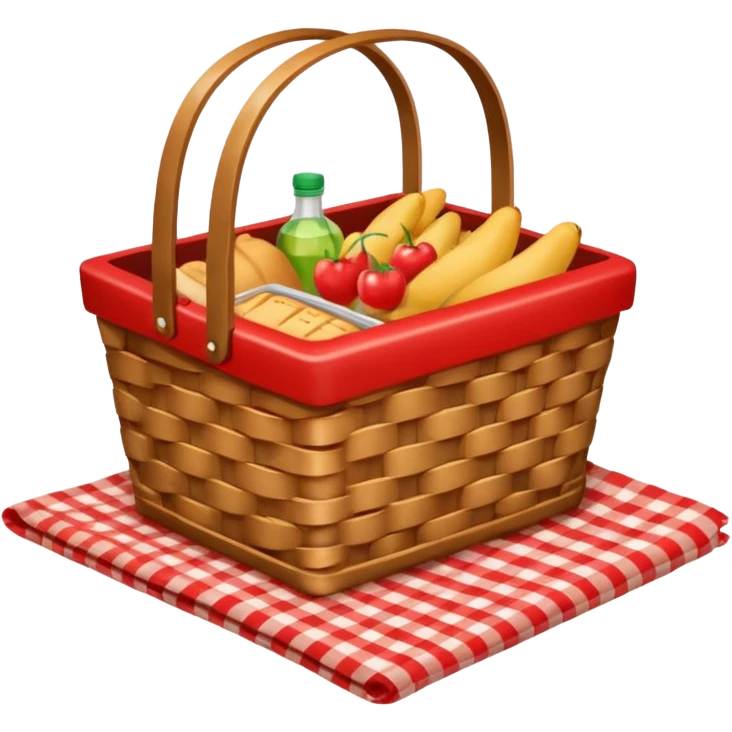 Picnic basket with red checkered cloth and filled with delicacies emoji