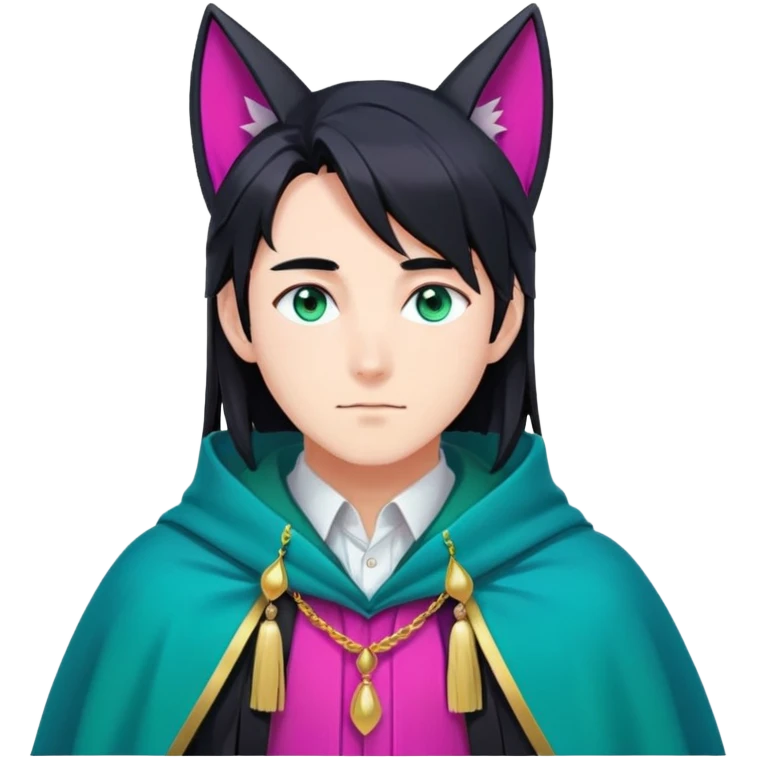 anime man with long-straight-dark-black hair, long black fox ears with pink Scapha, colorful-gradient-brown-turquoise eyes, gold earring, dark-blue-sweater, green cape, white pupils, turquoise tassel emoji