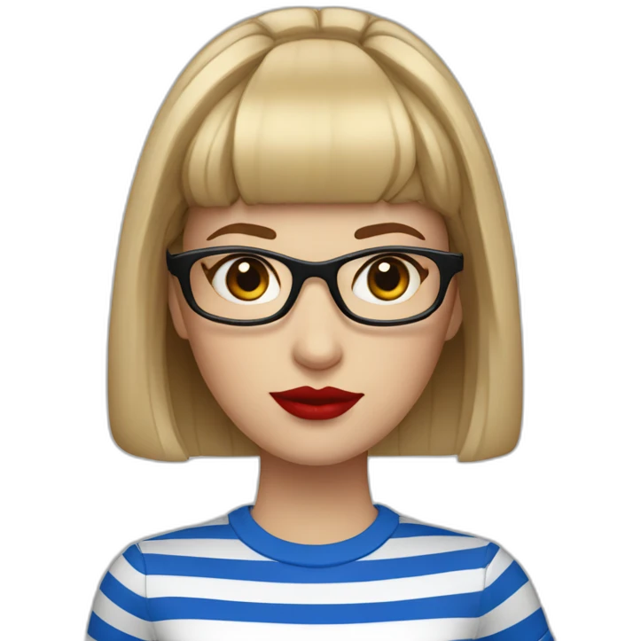 caucasian woman with square black glasses, straight bangs, red lipstick, blue and white striped t shirt emoji
