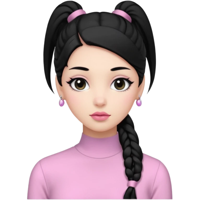 a woman with long sleeve dress top, her hair is long black pony tail, her face is soft girl style, her eyes color are black and the color of her lip is soft pink emoji