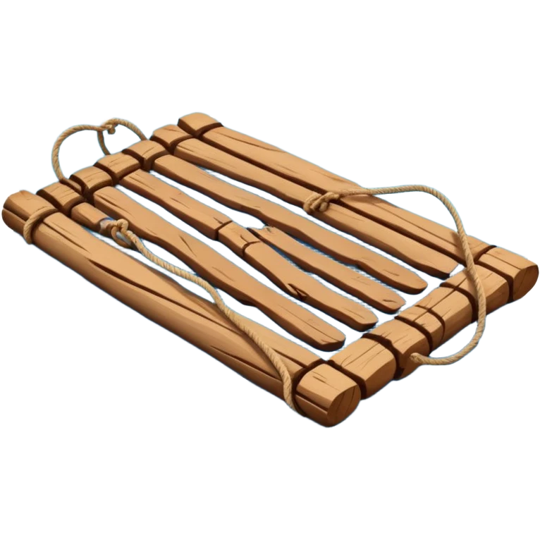 showing a simple wooden raft floating on calm blue water — made of several brown logs tied together with rope — gentle ripples around it — bright, cheerful lighting and soft shadows — minimalist, clean emoji design emoji