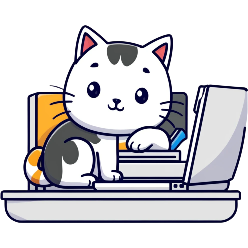 a girl working at a computer with a cat curled up next to the computer emoji