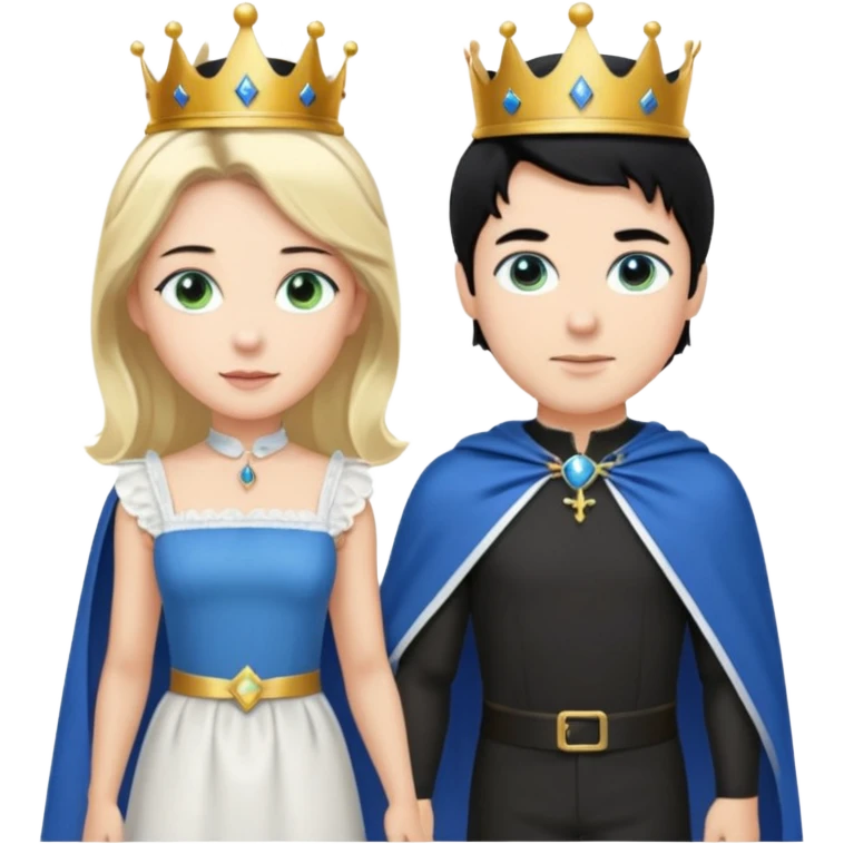 Prince with crown, blue cape and trousers, body and legs, black hair, blue eyes and maid, blonde hair, green eyes, sexy white short sleveless dress,  emoji