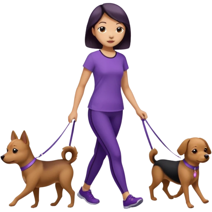 Chinese woman wearing purple top and black leggings walking 1 small brown dog emoji