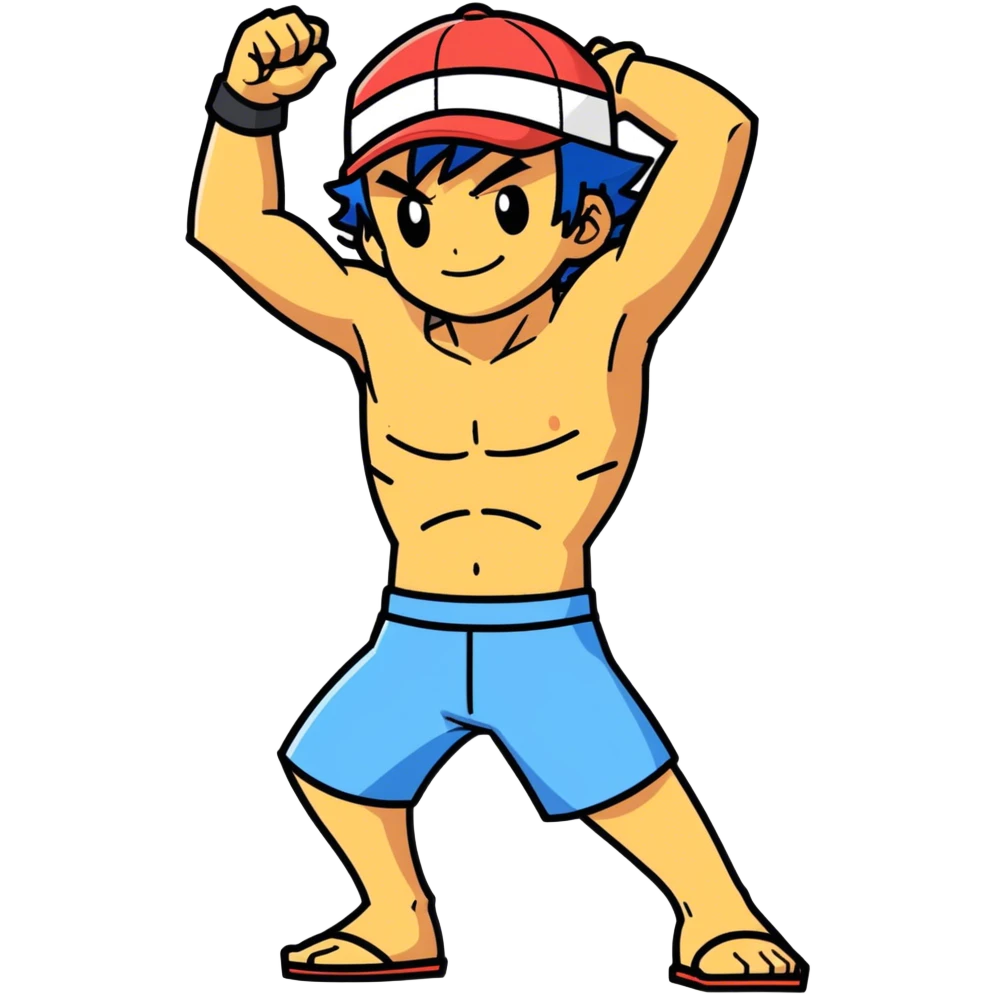 Random style: Hot handsome very muscular 6ft 5inch tall smiling happy fun shirtless Ash Ketchum dancing to techno with two best friends in short swimwear emoji