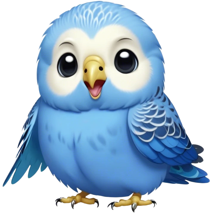 Cinematic Cute Yawning Blue Budgie Portrait Emoji, Head tilted slightly with a dramatic, wide-open yawn, showcasing a soft, downy blue feathered fur with gently drooping wings, round dark eyes barely open in drowsy contentment, Simplified yet irresistibly adorable features, highly detailed, glowing with a soft, cozy glow, high shine, relaxed yet expressive, stylized with a touch of whimsy, bright and endearing, soft glowing outline, capturing the essence of a sleepy yet affectionate budgie, so drowsy it feels like it could stretch out of the screen and curl up for a nap! emoji